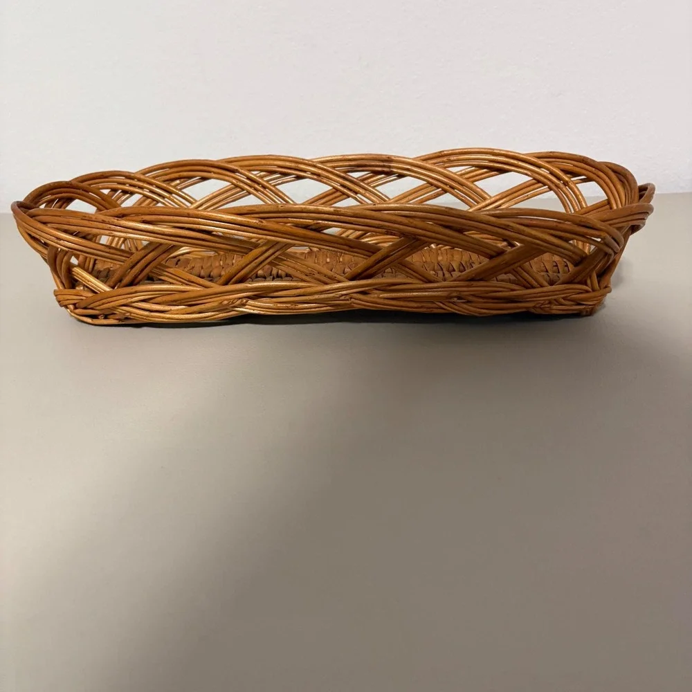 VTG Wicker Bread Basket Oval Lattice Woven Rattan Serving Tray Brown 14 in